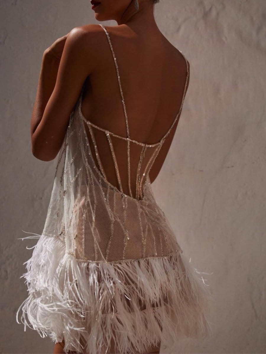 White Mesh Spaghetti Strap Sequin Stripe Feather Hem Mini Party Dress