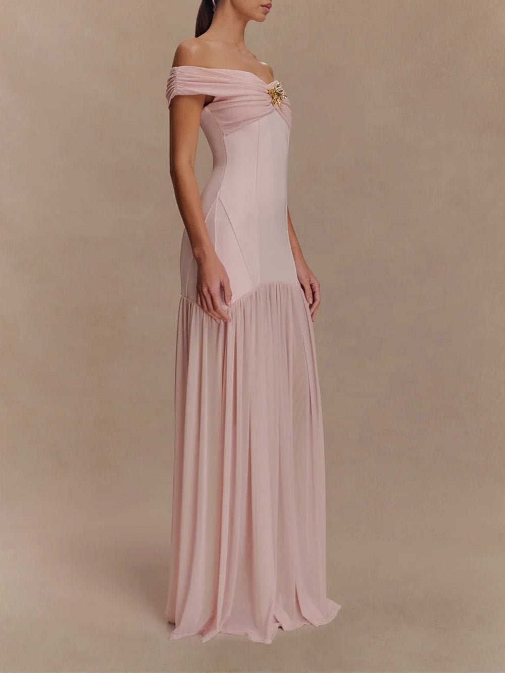 Pink Off Shoulder Brooch Corset Bodice Pleated Chiffon Mermaid Gown