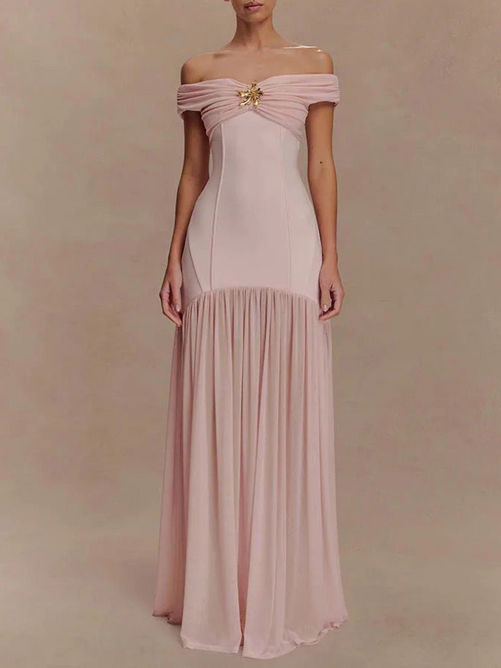 Pink Off Shoulder Brooch Corset Bodice Pleated Chiffon Mermaid Gown