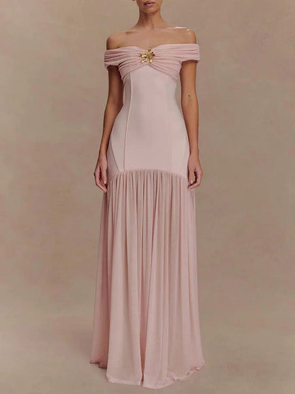 Pink Off Shoulder Brooch Corset Bodice Pleated Chiffon Mermaid Gown