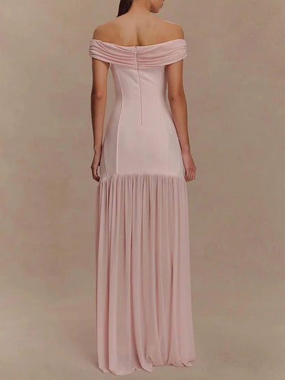 Pink Off Shoulder Brooch Corset Bodice Pleated Chiffon Mermaid Gown