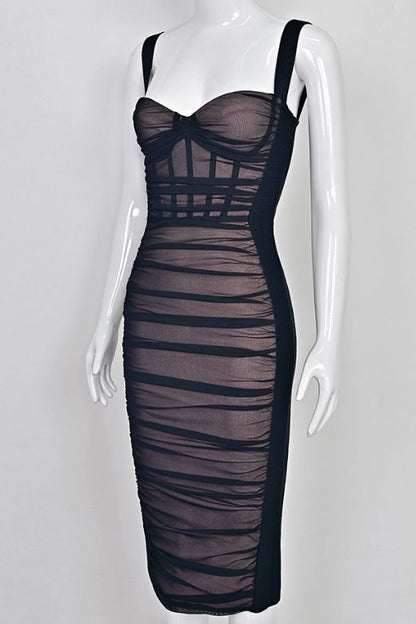 Classic Black Ruched Sweetheart Strap Bodycon Midi Dress