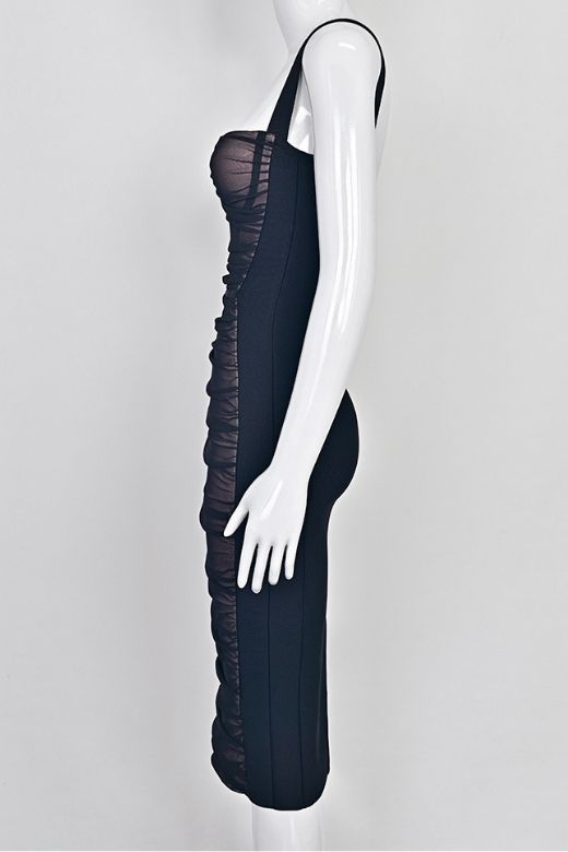 Classic Black Ruched Sweetheart Strap Bodycon Midi Dress
