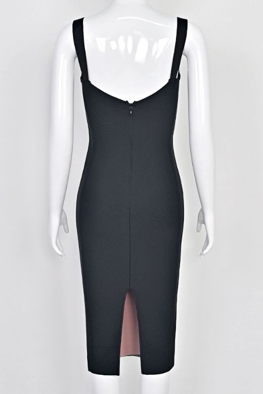 Classic Black Ruched Sweetheart Strap Bodycon Midi Dress