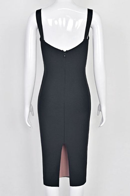 Classic Black Ruched Sweetheart Strap Bodycon Midi Dress