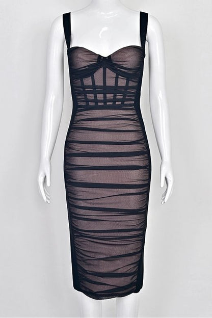 Classic Black Ruched Sweetheart Strap Bodycon Midi Dress