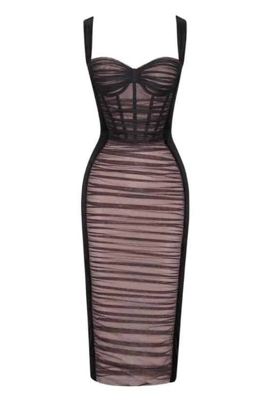 Classic Black Ruched Sweetheart Strap Bodycon Midi Dress