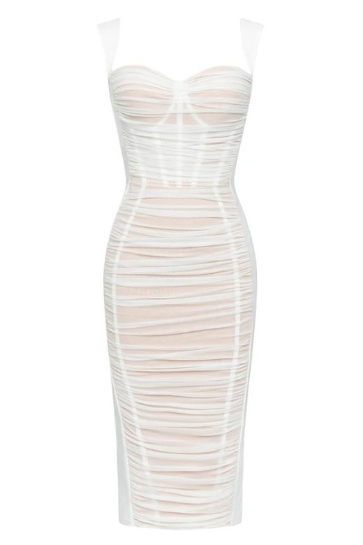 Pearl White Wide Strap Corset Sweetheart Ruched Mesh Bodycon Midi Dress