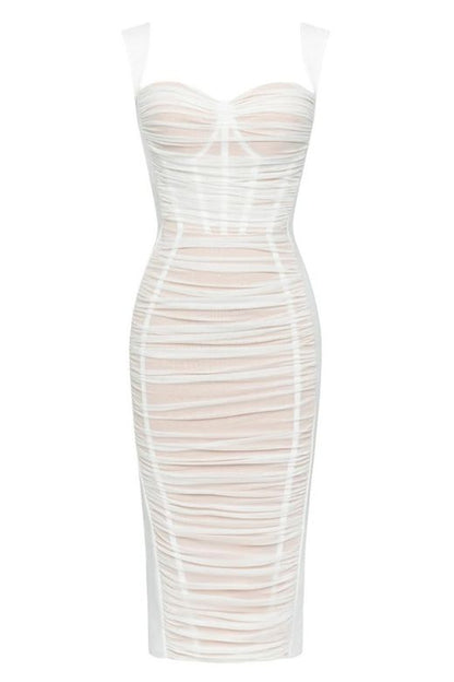 Pearl White Wide Strap Corset Sweetheart Ruched Mesh Bodycon Midi Dress
