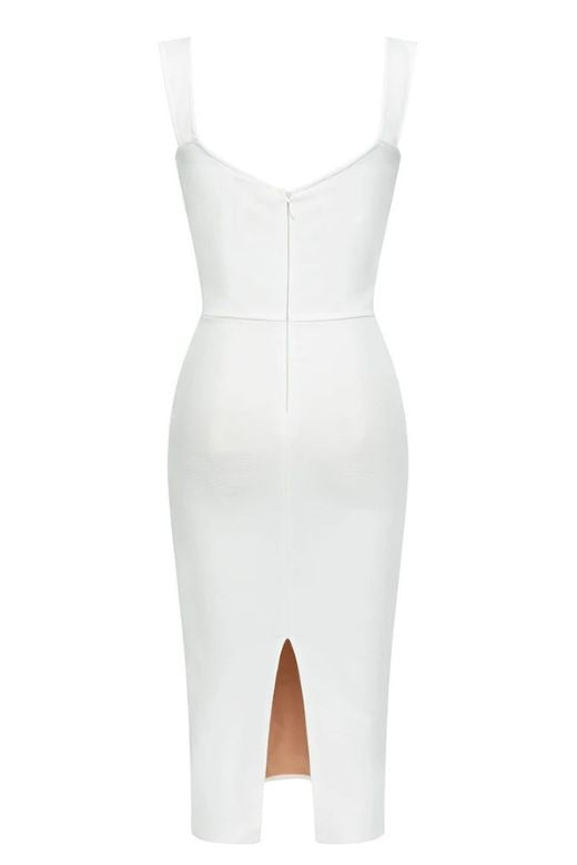 Pearl White Wide Strap Corset Sweetheart Ruched Mesh Bodycon Midi Dress