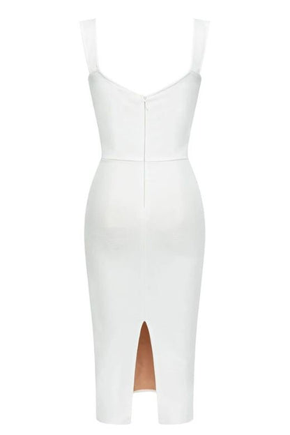 Pearl White Wide Strap Corset Sweetheart Ruched Mesh Bodycon Midi Dress