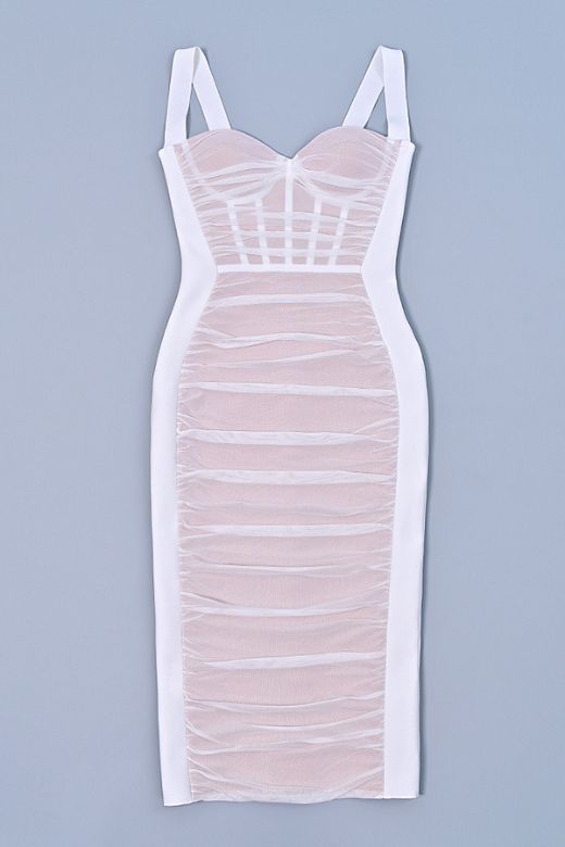 Pearl White Wide Strap Corset Sweetheart Ruched Mesh Bodycon Midi Dress
