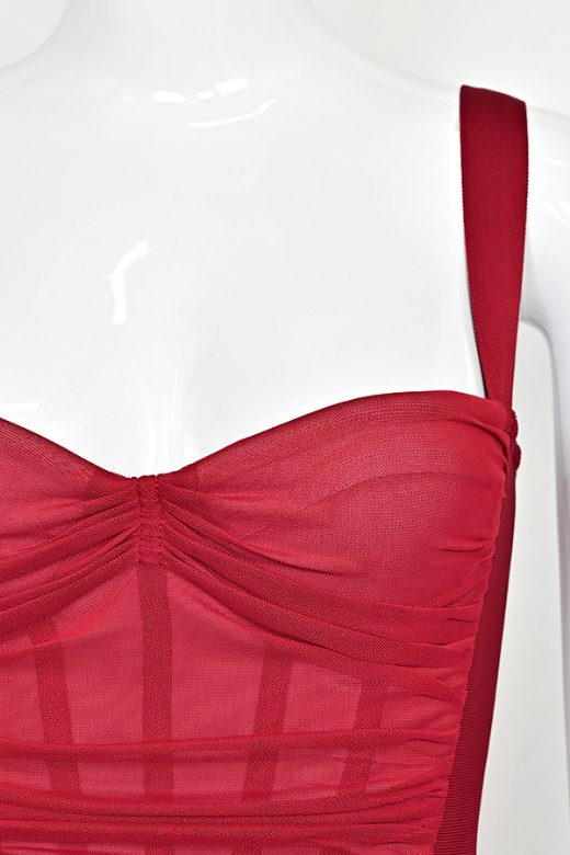 Red Wine Mesh Ruched Sweetheart Bustier Wide Strap Bodycon Midi Dress