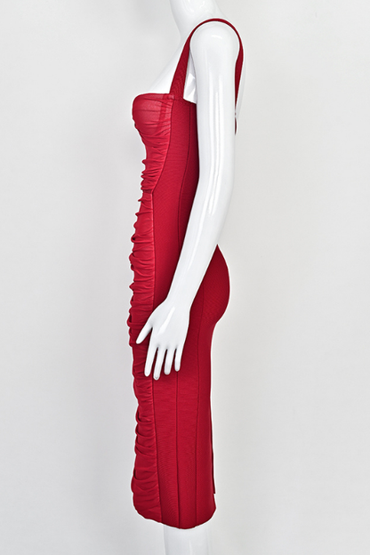 Red Wine Mesh Ruched Sweetheart Bustier Wide Strap Bodycon Midi Dress