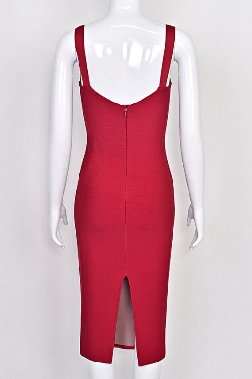 Red Wine Mesh Ruched Sweetheart Bustier Wide Strap Bodycon Midi Dress