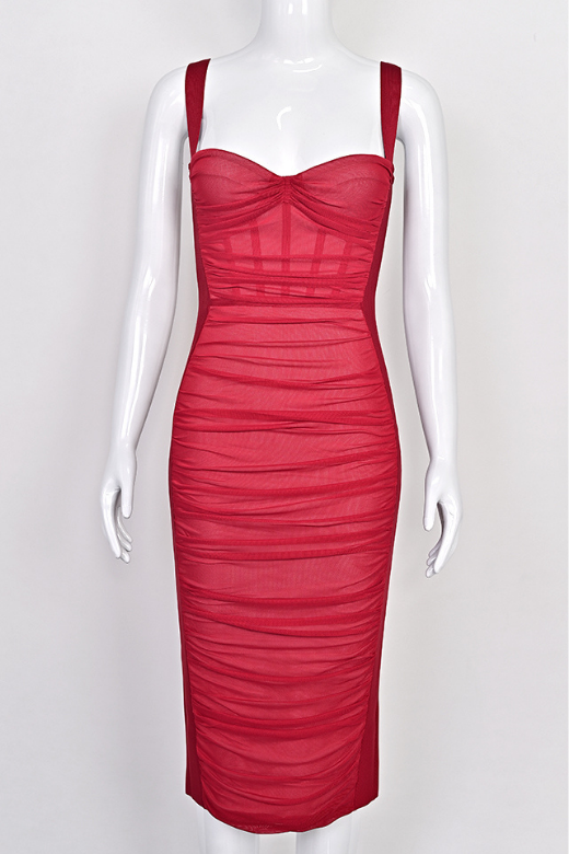 Red Wine Mesh Ruched Sweetheart Bustier Wide Strap Bodycon Midi Dress