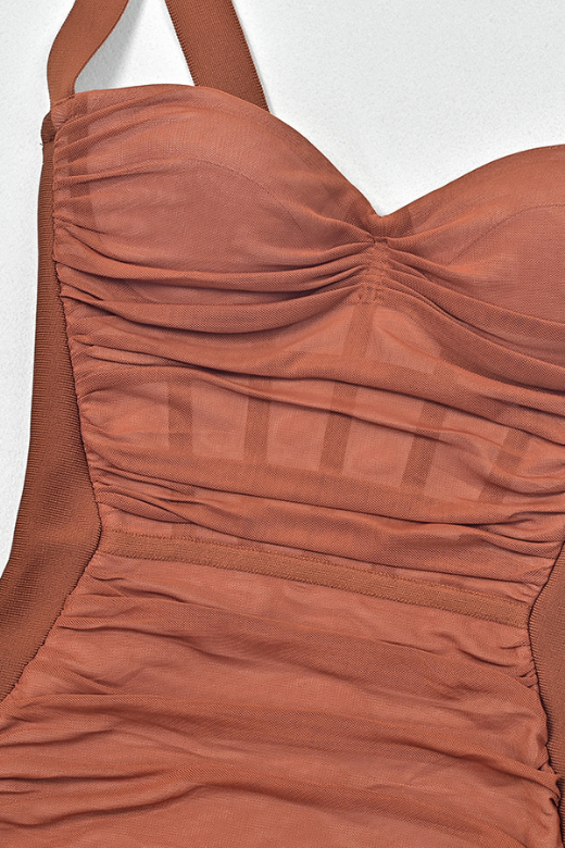 Rustic Brown Mesh Ruched Sweetheart Bustier Wide Strap Bodycon Midi Dress