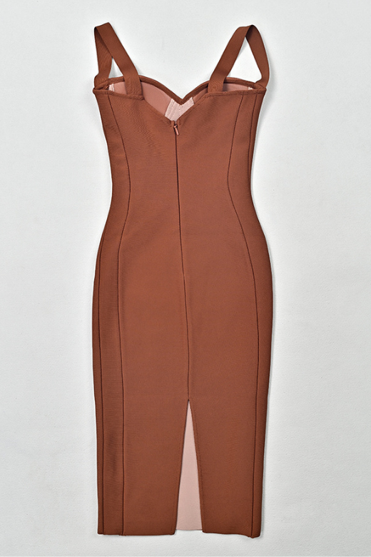 Rustic Brown Mesh Ruched Sweetheart Bustier Wide Strap Bodycon Midi Dress