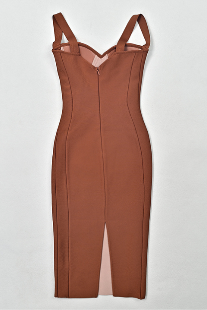 Rustic Brown Mesh Ruched Sweetheart Bustier Wide Strap Bodycon Midi Dress