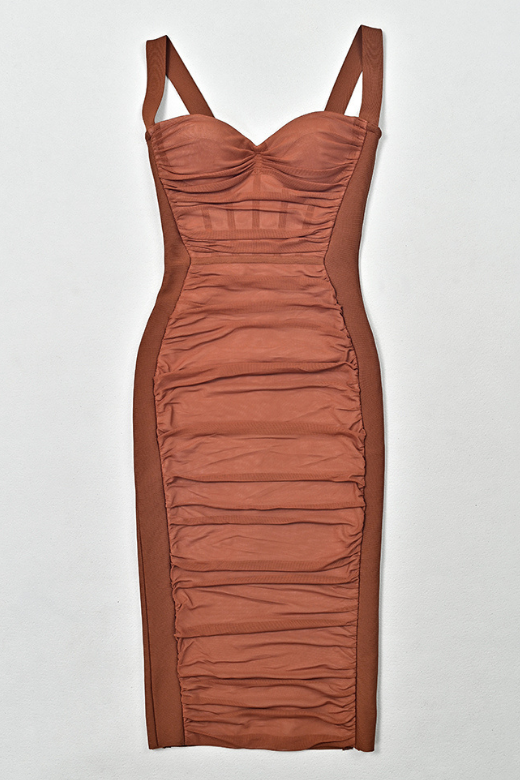 Rustic Brown Mesh Ruched Sweetheart Bustier Wide Strap Bodycon Midi Dress