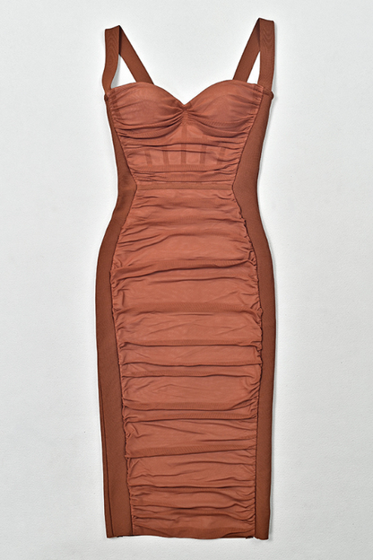 Rustic Brown Mesh Ruched Sweetheart Bustier Wide Strap Bodycon Midi Dress
