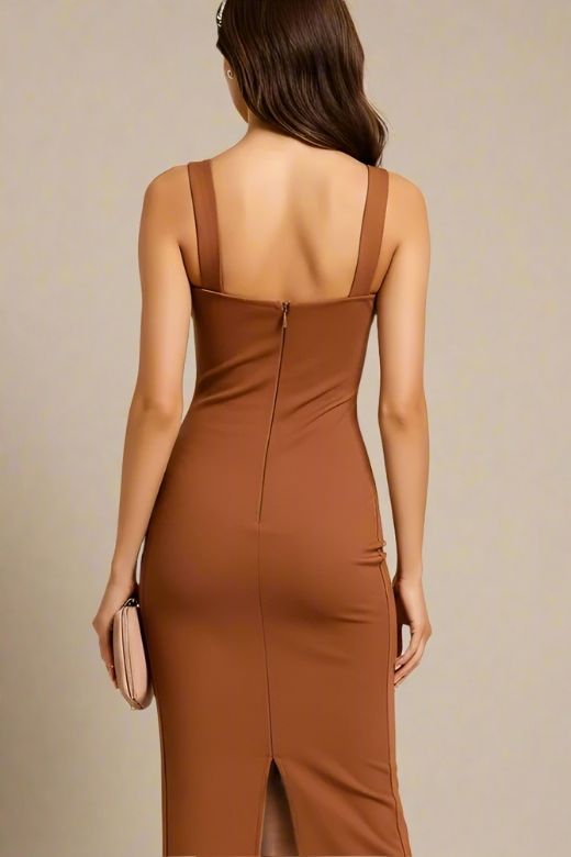 Rustic Brown Mesh Ruched Sweetheart Bustier Wide Strap Bodycon Midi Dress