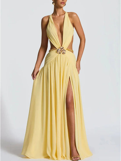 Yellow Chiffon Halter Neck Deep V-Neck Cut Out Buckle High Split Maxi Dress
