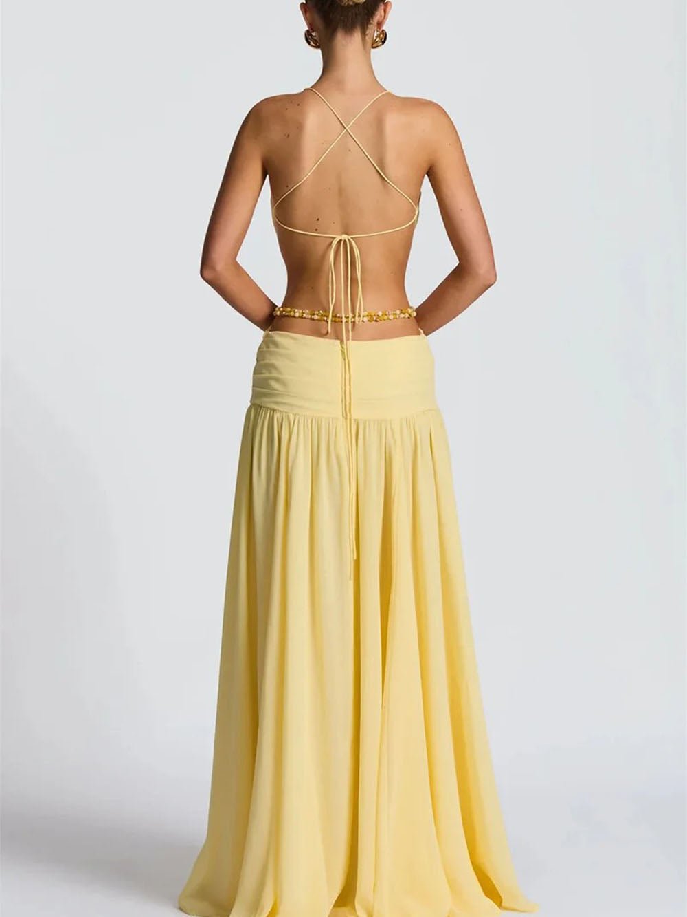 Yellow Chiffon Halter Neck Deep V-Neck Cut Out Buckle High Split Maxi Dress