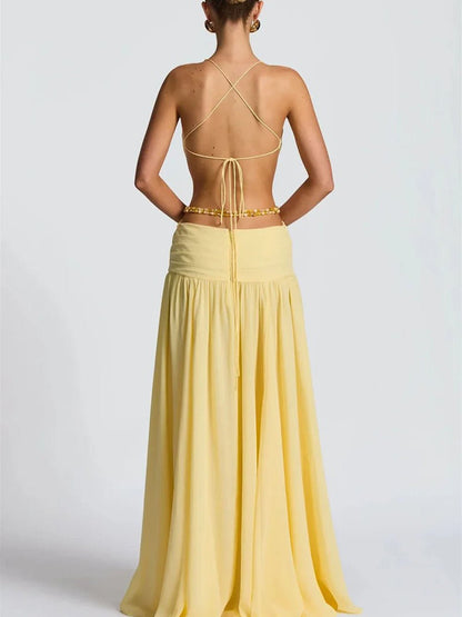 Yellow Chiffon Halter Neck Deep V-Neck Cut Out Buckle High Split Maxi Dress