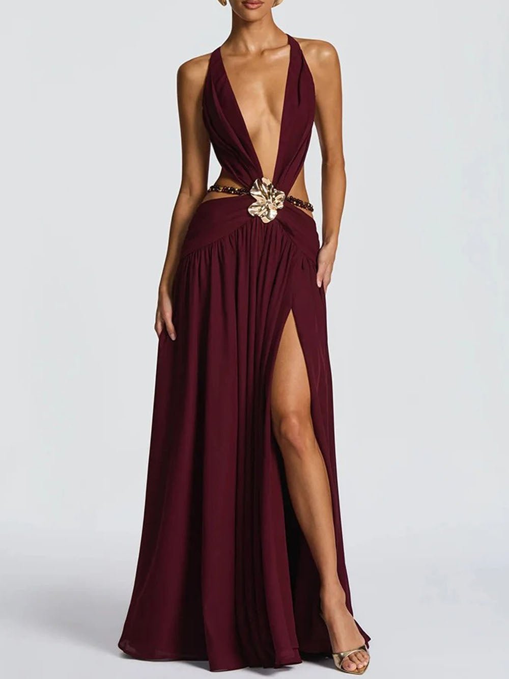 Red Chiffon Halter Neck Deep V-Neck Cut Out Buckle High Split Maxi Dress