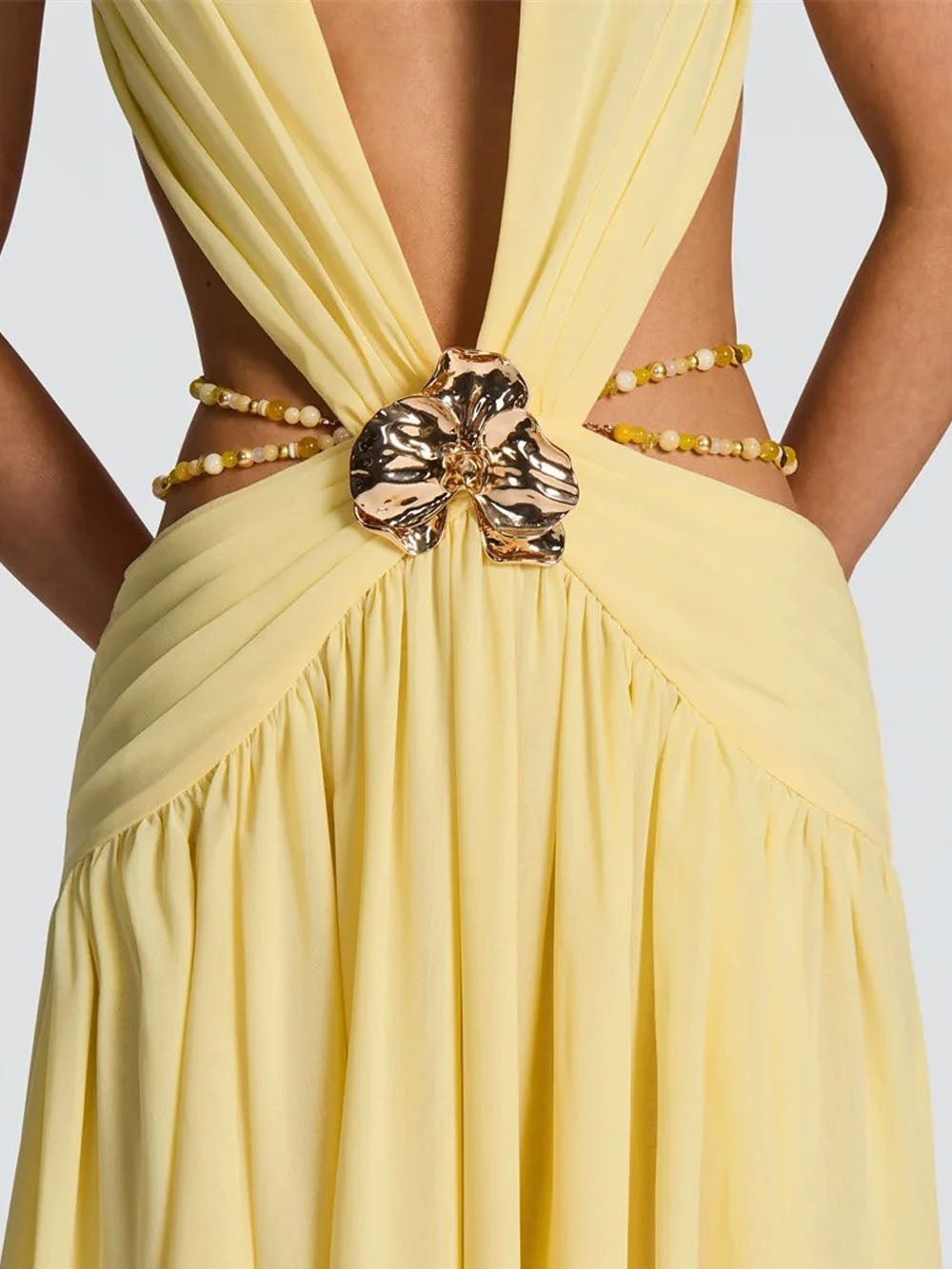 Yellow Chiffon Halter Neck Deep V-Neck Cut Out Buckle High Split Maxi Dress