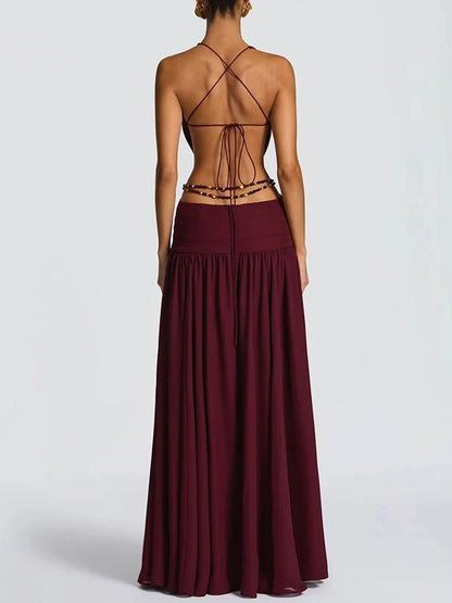 Red Chiffon Halter Neck Deep V-Neck Cut Out Buckle High Split Maxi Dress