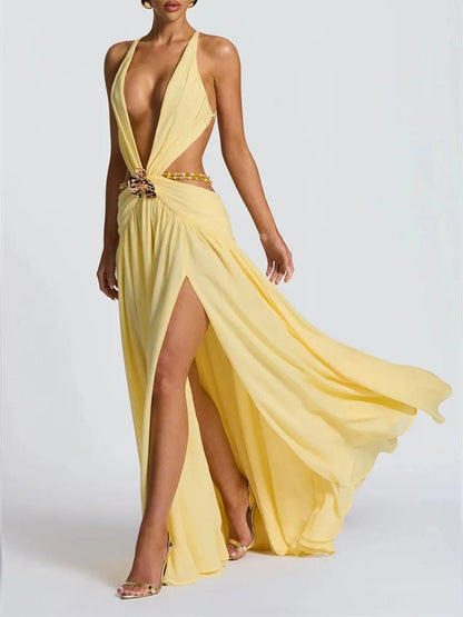 Yellow Chiffon Halter Neck Deep V-Neck Cut Out Buckle High Split Maxi Dress
