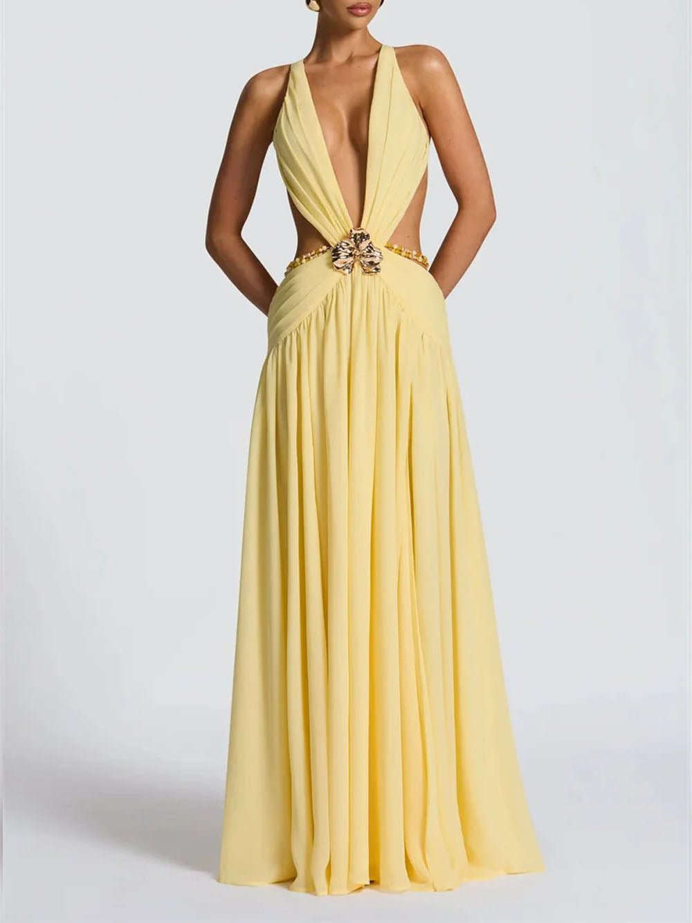 Yellow Chiffon Halter Neck Deep V-Neck Cut Out Buckle High Split Maxi Dress