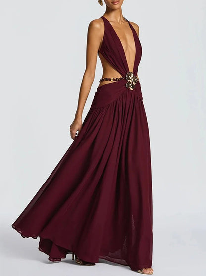 Red Chiffon Halter Neck Deep V-Neck Cut Out Buckle High Split Maxi Dress