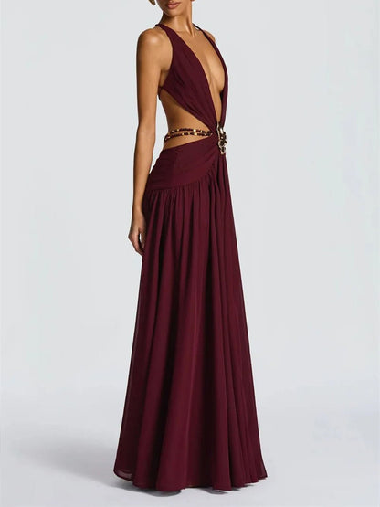 Red Chiffon Halter Neck Deep V-Neck Cut Out Buckle High Split Maxi Dress