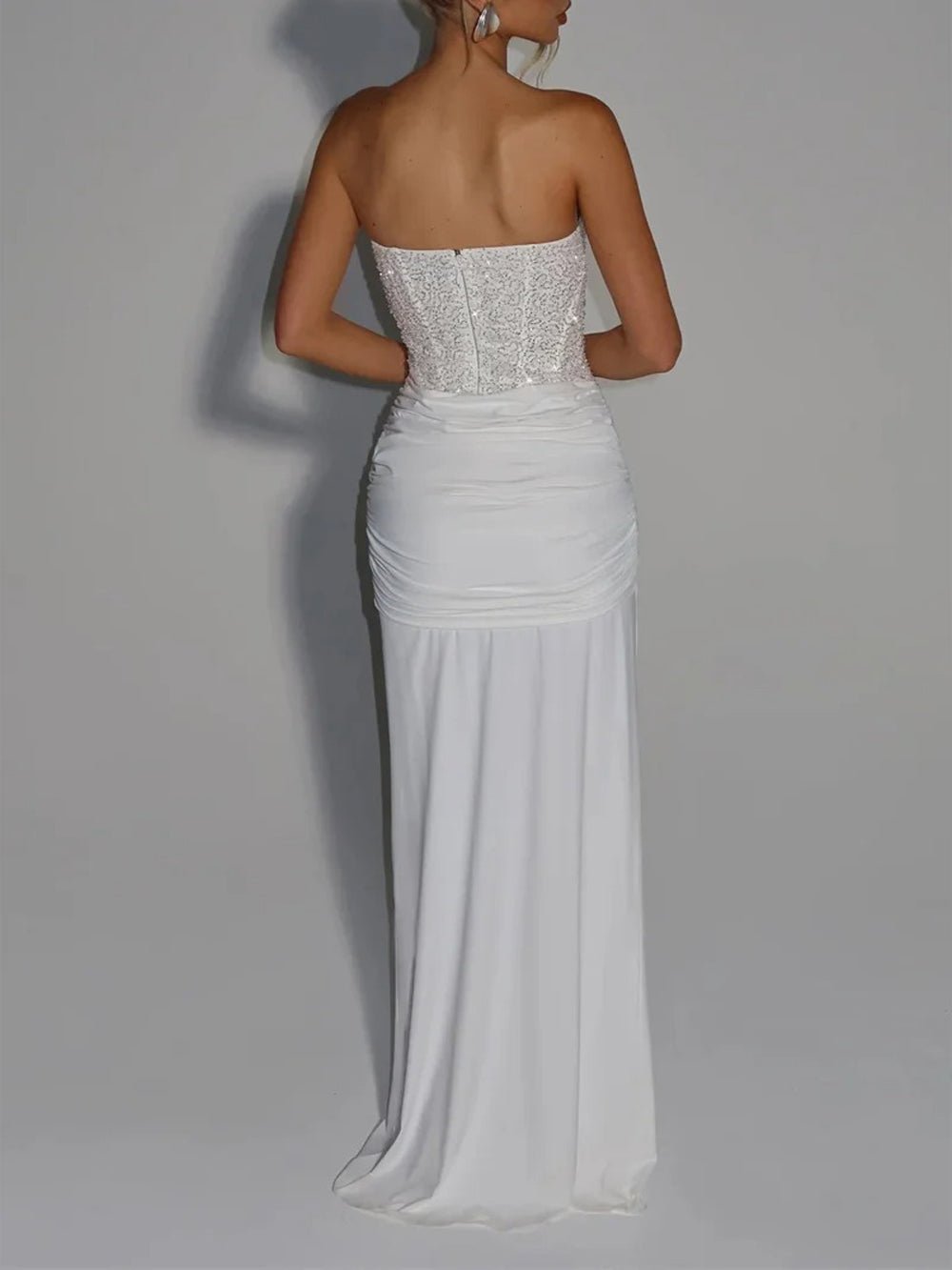 White Strapless Sequin Corset Boning Sweetheart Drape Front Panel Maxi Gown