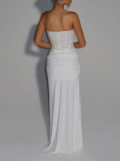 White Strapless Sequin Corset Boning Sweetheart Drape Front Panel Maxi Gown