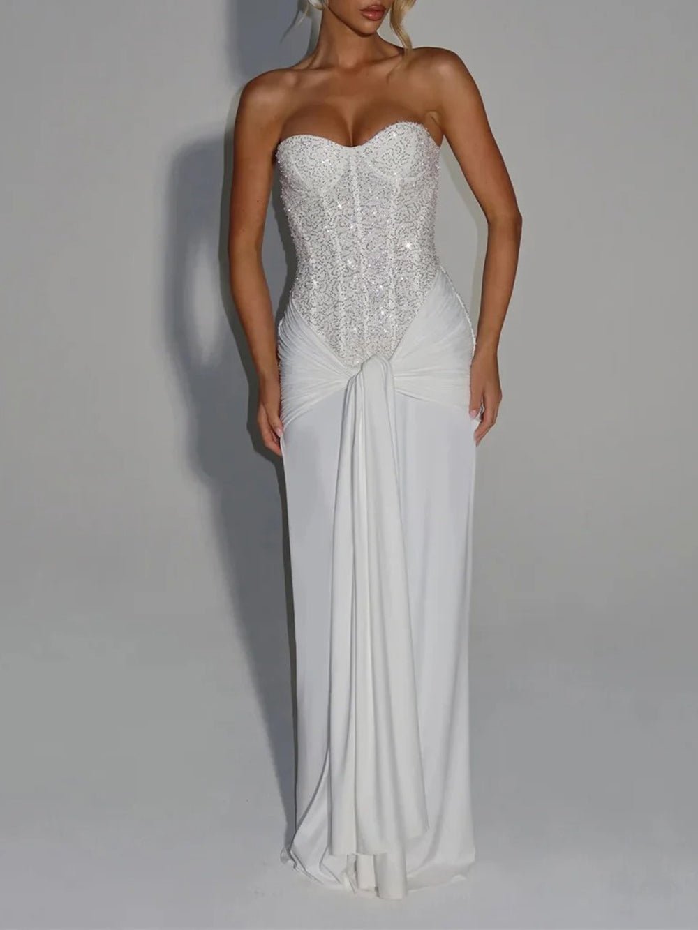White Strapless Sequin Corset Boning Sweetheart Drape Front Panel Maxi Gown