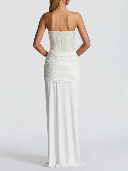 White Strapless Sequin Corset Boning Sweetheart Drape Front Panel Maxi Gown