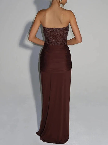 Red Strapless Sequin Corset Boning Sweetheart Drape Front Panel Maxi Gown