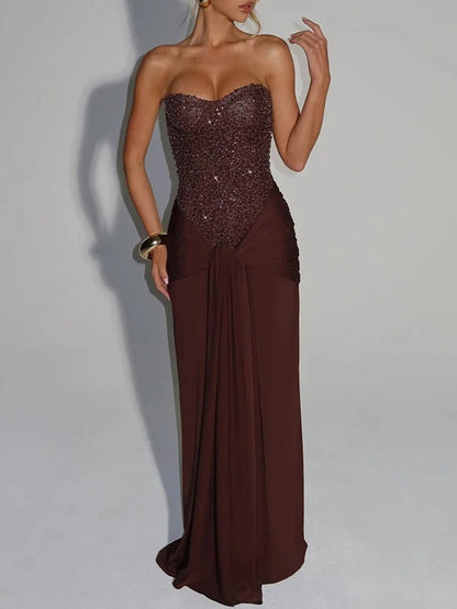Red Strapless Sequin Corset Boning Sweetheart Drape Front Panel Maxi Gown