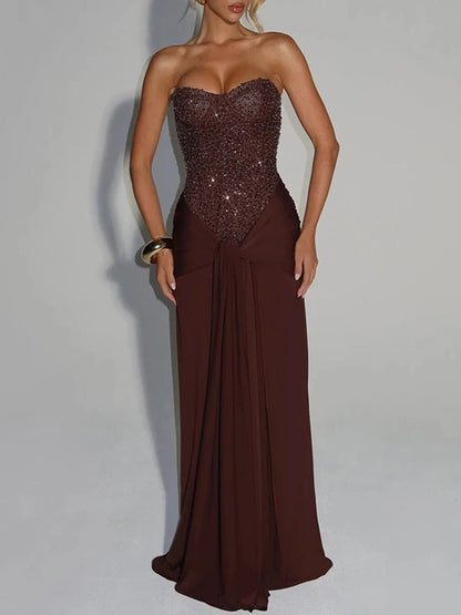 Red Strapless Sequin Corset Boning Sweetheart Drape Front Panel Maxi Gown