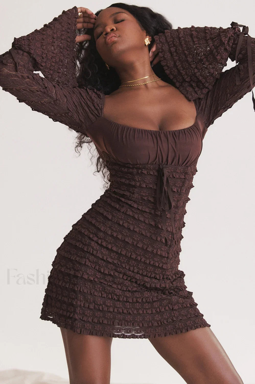 Marisa Rich Stylish Brown Lace Mini Dress