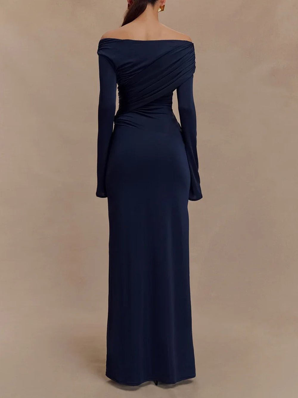 Off Shoulder Long Sleeve Ruched Wrap Panel Bodycon Maxi Gown
