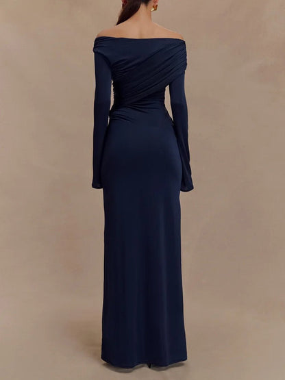 Off Shoulder Long Sleeve Ruched Wrap Panel Bodycon Maxi Gown