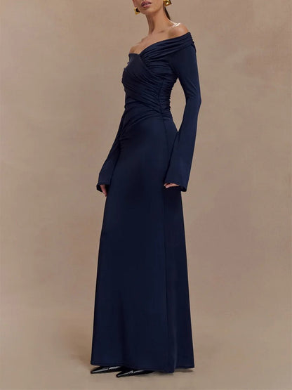 Off Shoulder Long Sleeve Ruched Wrap Panel Bodycon Maxi Gown