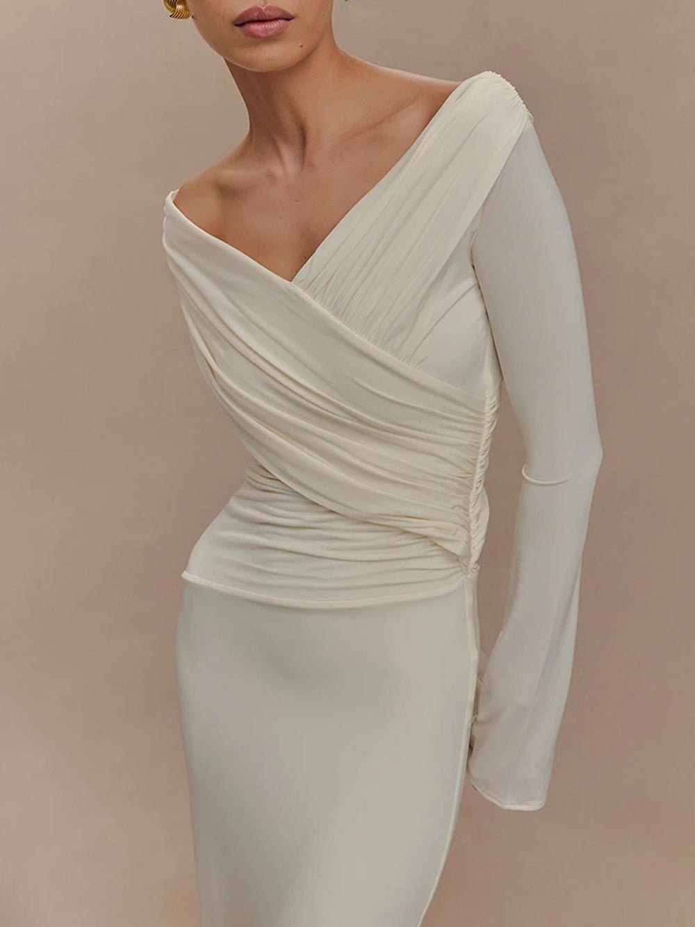 Off Shoulder Long Sleeve Ruched Wrap Panel Bodycon Maxi Gown