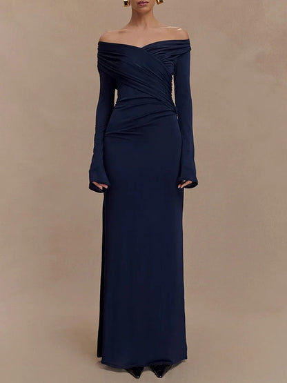 Off Shoulder Long Sleeve Ruched Wrap Panel Bodycon Maxi Gown