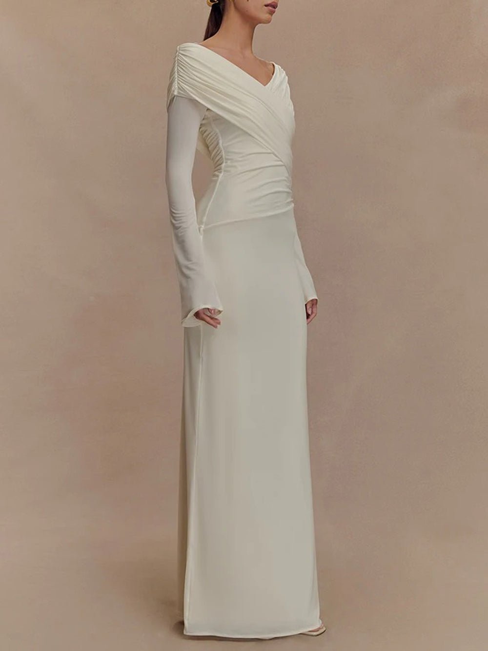 Off Shoulder Long Sleeve Ruched Wrap Panel Bodycon Maxi Gown